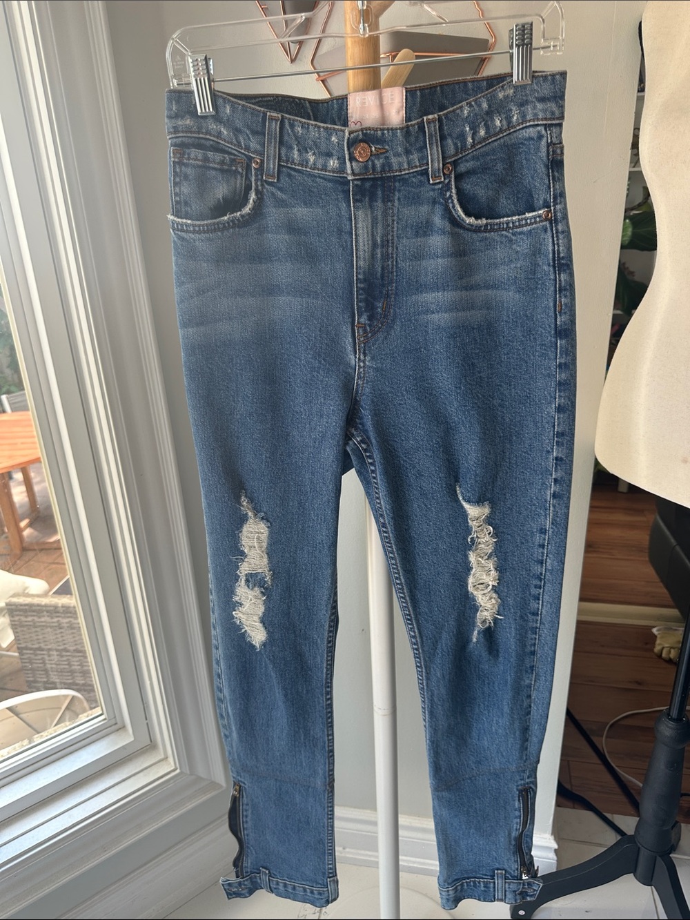 REVICE Denim Distressed High Rise Skinny Jeans Zipper Hem Size 28